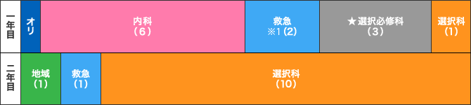 大学病院プログラムのスケジュール表。一年目は、内科(6)、救急※1(2)、選択必修科(3)、選択科(1)。二年目は地域(1)、選択科(11)、救急(1)【休日日勤、夜勤救急研修】