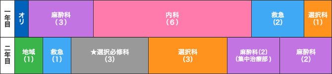 麻酔科重点プログラムのスケジュール表。一年目は、麻酔科(3)、内科(6)、救急(2)、選択科(1)。二年目は地域(1)、選択必修科(3)、選択科※1(4)、麻酔科(集中治療部)(2)、麻酔(2)、救急(1)【休日日勤、夜勤救急研修】