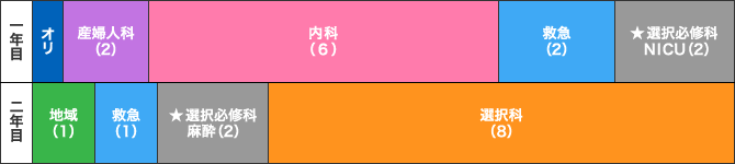 産婦人科重点プログラムのスケジュール表。一年目は、産婦人科(2)、内科(6)、救急(2)、選択必修科NICU(2)。二年目は地域(1)、選択必修科 麻酔(2)、選択科※1(9)、救急(1)【休日日勤、夜勤救急研修】