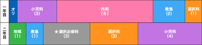 小児科重点プログラムのスケジュール表。一年目は、小児科(3)、内科(6)、救急(2)、選択科(1)。二年目は地域(1)、選択必修科(3)、選択科(3)、小児科(3)、救急(1)【休日日勤、夜勤救急研修】